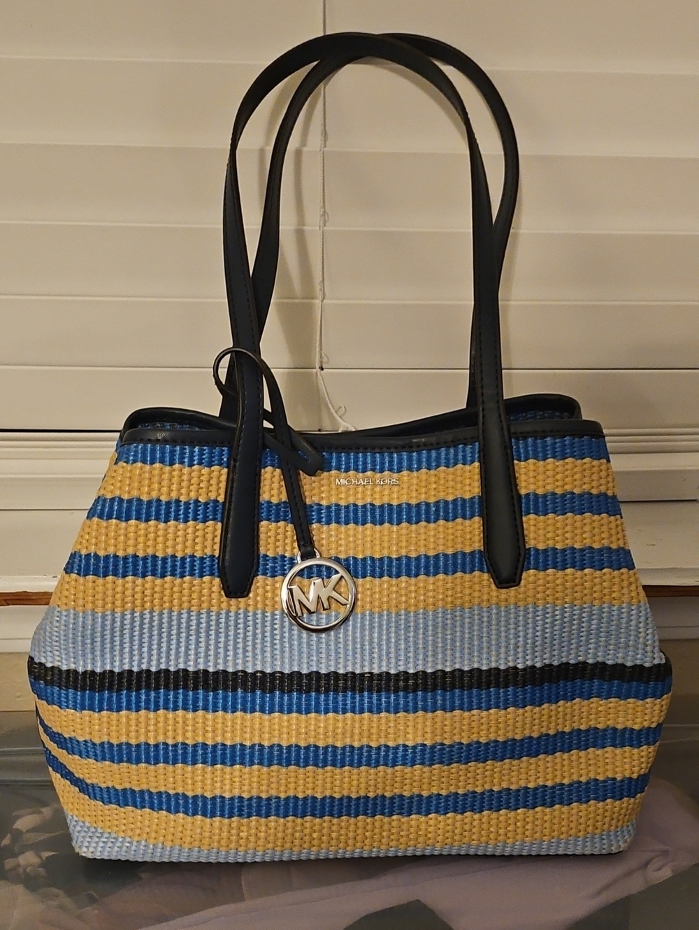 Michael Kors Striped Woven Tote in Blue, Yellow and Black